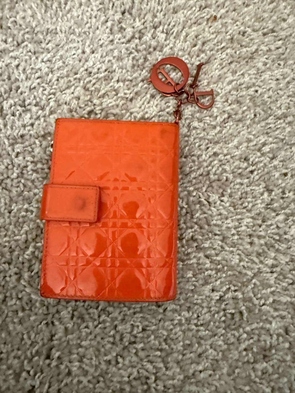 Christian Dior Orange Patent Quilted Wallet with Charm